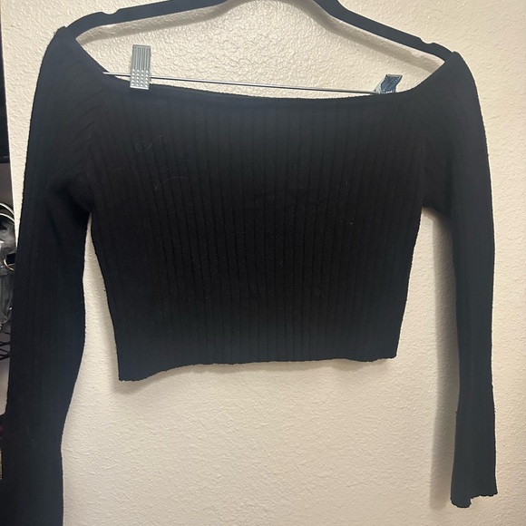 aster Sweaters - Black Ribbed Off-Shoulder Cropped Sweater